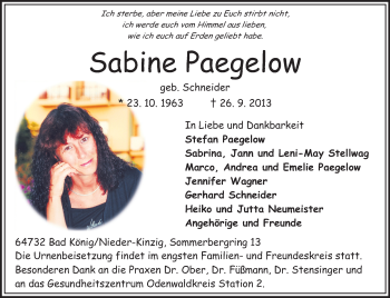 Traueranzeige von Sabine Paegelow von Odenwälder Echo