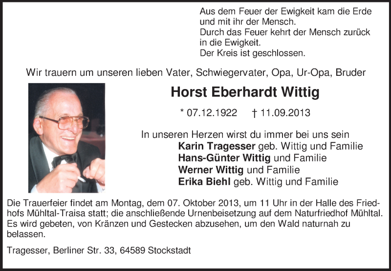  Traueranzeige für Horst Eberhardt Wittig vom 28.09.2013 aus Rüsselsheimer Echo, Groß-Gerauer-Echo, Ried Echo