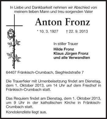 Traueranzeige von Anton Fronz von Odenwälder Echo