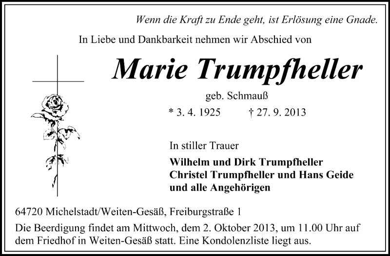  Traueranzeige für Marie Trumpfheller vom 30.09.2013 aus Odenwälder Echo