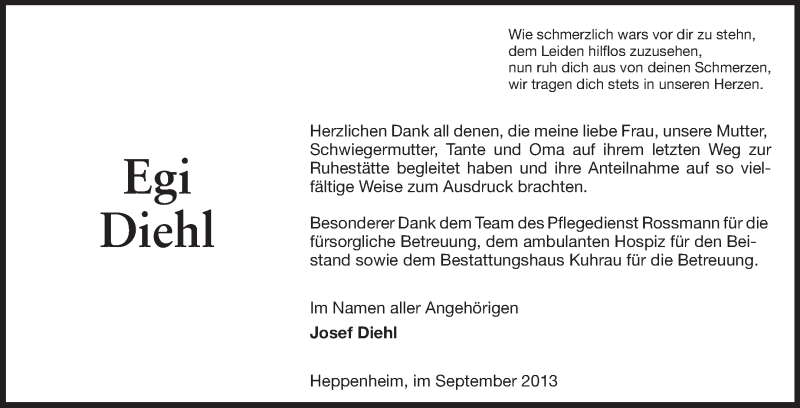  Traueranzeige für Egi Diehl vom 30.09.2013 aus Starkenburger Echo