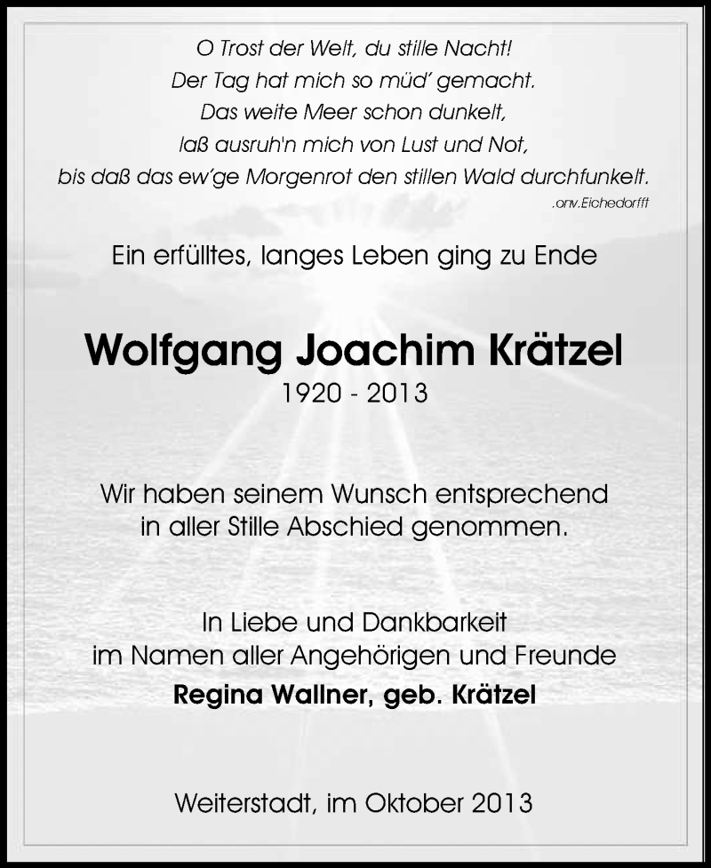  Traueranzeige für Wolfgang Joachim Krätzel vom 05.10.2013 aus Echo-Zeitungen (Gesamtausgabe)