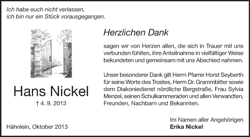  Traueranzeige für Hans Nickel vom 05.10.2013 aus Echo-Zeitungen (Gesamtausgabe)