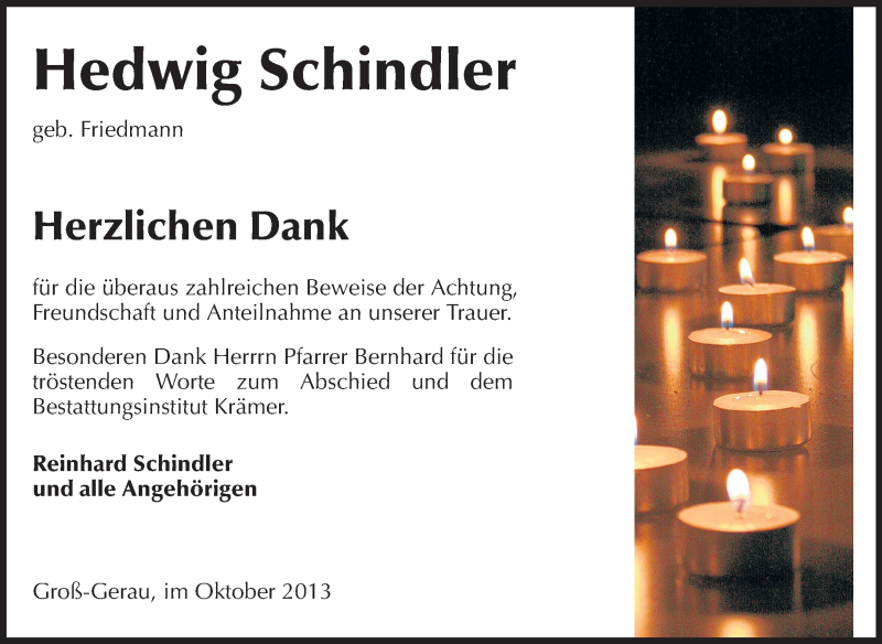  Traueranzeige für Hedwig Schindler vom 05.10.2013 aus Rüsselsheimer Echo, Groß-Gerauer-Echo, Ried Echo