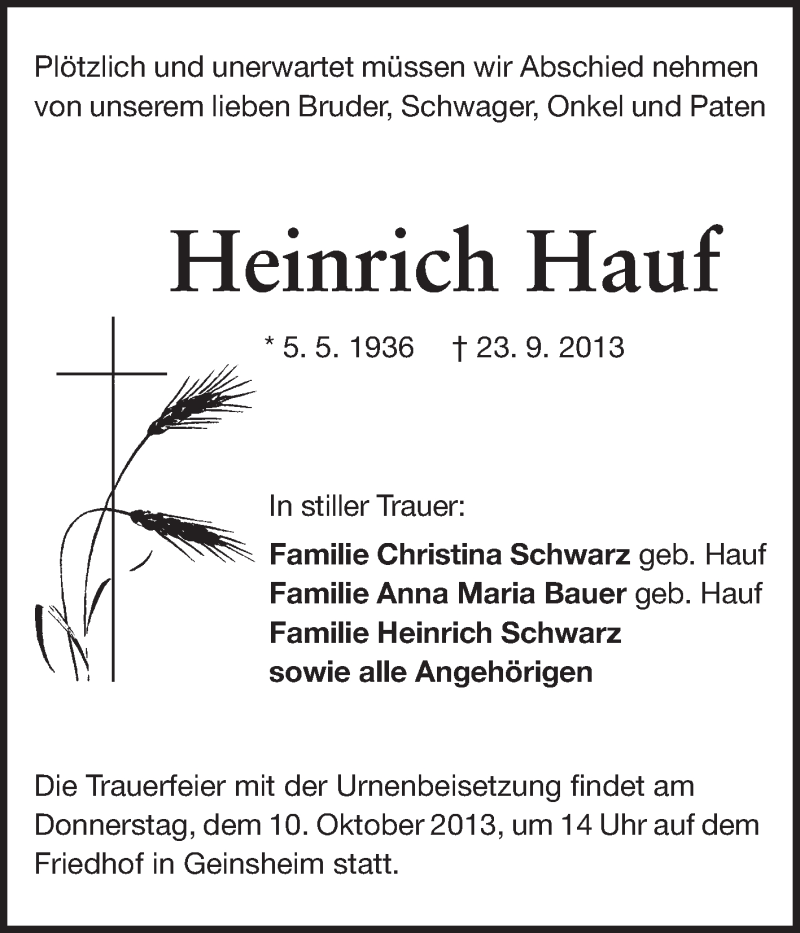  Traueranzeige für Heinrich Hauf vom 07.10.2013 aus Rüsselsheimer Echo, Groß-Gerauer-Echo, Ried Echo