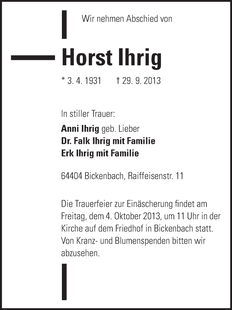  Traueranzeige für Horst Ihrig vom 02.10.2013 aus Echo-Zeitungen (Gesamtausgabe)