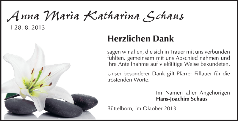  Traueranzeige für Anna Maria Katariana Schaus vom 02.10.2013 aus Rüsselsheimer Echo, Groß-Gerauer-Echo, Ried Echo