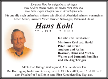 Traueranzeige von Hans Kohl von Echo-Zeitungen (Gesamtausgabe)