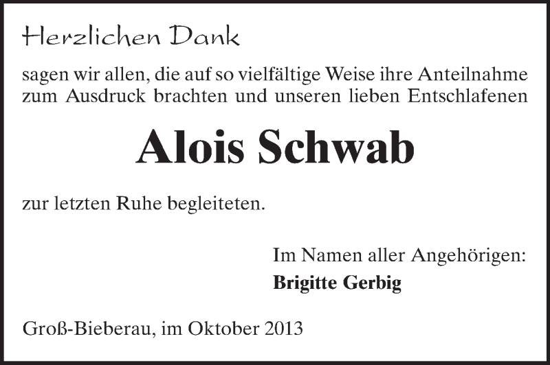  Traueranzeige für Alois Schwab vom 05.10.2013 aus Echo-Zeitungen (Gesamtausgabe)