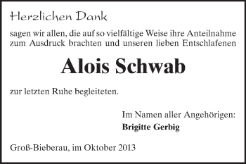 Traueranzeige von Alois Schwab von Echo-Zeitungen (Gesamtausgabe)