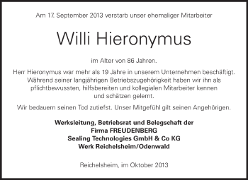 Traueranzeige von Willi Hieronymus von Odenwälder Echo
