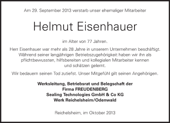 Traueranzeige von Helmut Eisenhauer von Odenwälder Echo