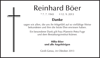 Traueranzeige von Reinhard Böer von Rüsselsheimer Echo, Groß-Gerauer-Echo, Ried Echo