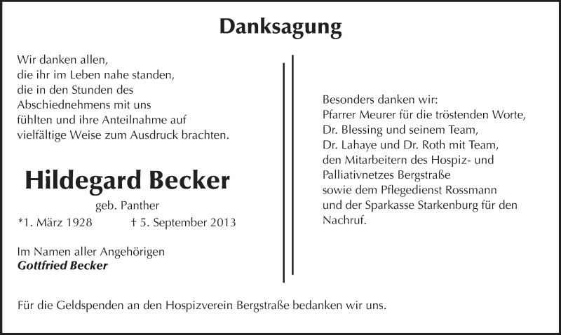  Traueranzeige für Hildegard Becker vom 04.10.2013 aus Starkenburger Echo