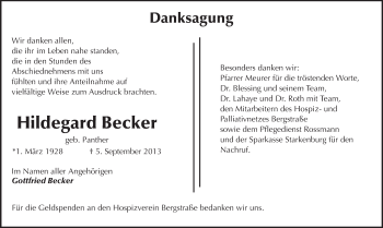 Traueranzeige von Hildegard Becker von Starkenburger Echo