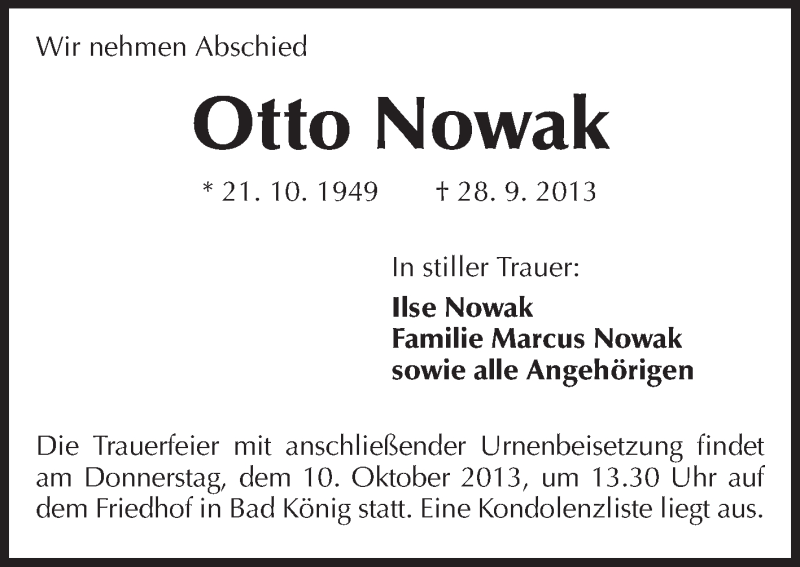  Traueranzeige für Otto Nowak vom 08.10.2013 aus Odenwälder Echo