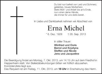 Traueranzeige von Erna Michel von Starkenburger Echo