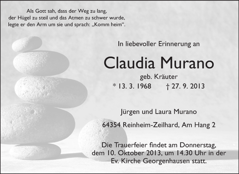  Traueranzeige für Claudia Murano vom 05.10.2013 aus Echo-Zeitungen (Gesamtausgabe)