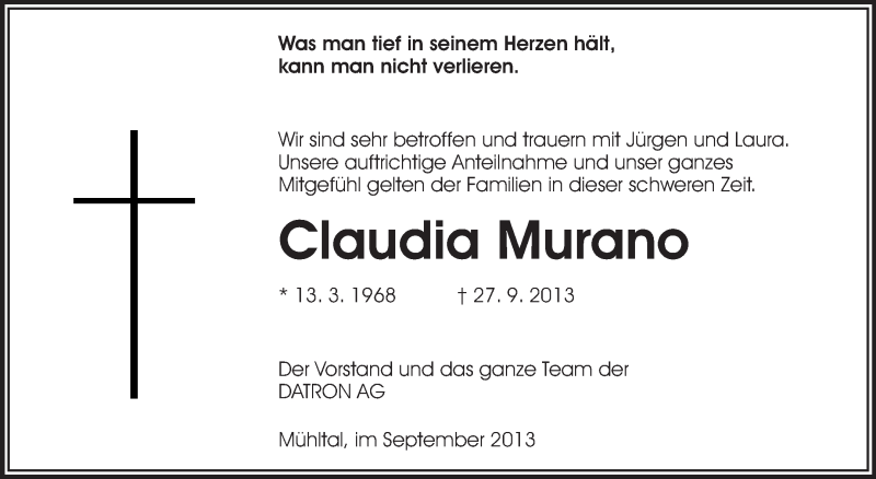  Traueranzeige für Claudia Murano vom 05.10.2013 aus Echo-Zeitungen (Gesamtausgabe)