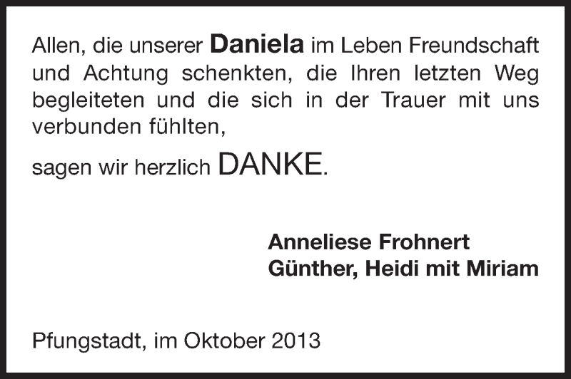  Traueranzeige für Daniela Frohnert vom 05.10.2013 aus Echo-Zeitungen (Gesamtausgabe)