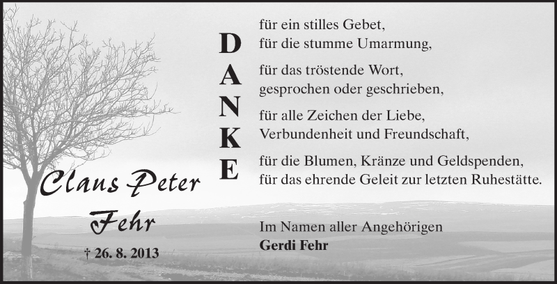  Traueranzeige für Claus Peter Fehr vom 05.10.2013 aus Echo-Zeitungen (Gesamtausgabe)