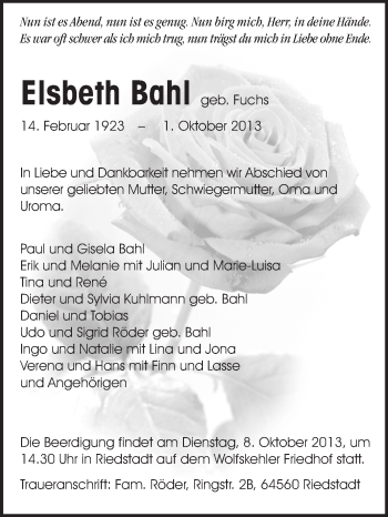 Traueranzeige von Elsbeth Bahl von Echo-Zeitungen (Gesamtausgabe)