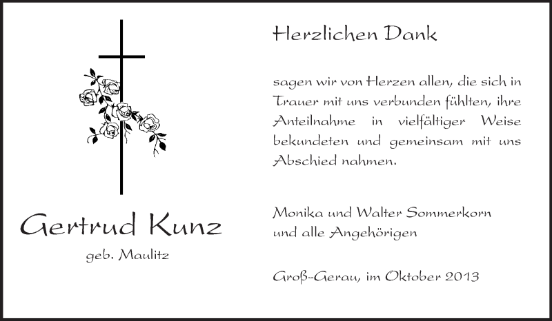  Traueranzeige für Gertrud Kunz vom 05.10.2013 aus Rüsselsheimer Echo, Groß-Gerauer-Echo, Ried Echo