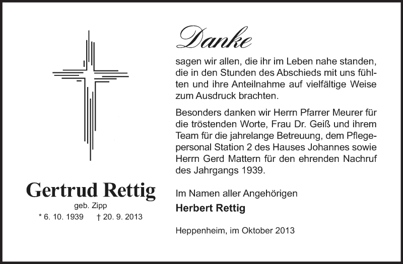  Traueranzeige für Gertrud Rettig vom 05.10.2013 aus Starkenburger Echo
