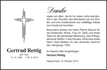 Traueranzeige von Gertrud Rettig von Starkenburger Echo