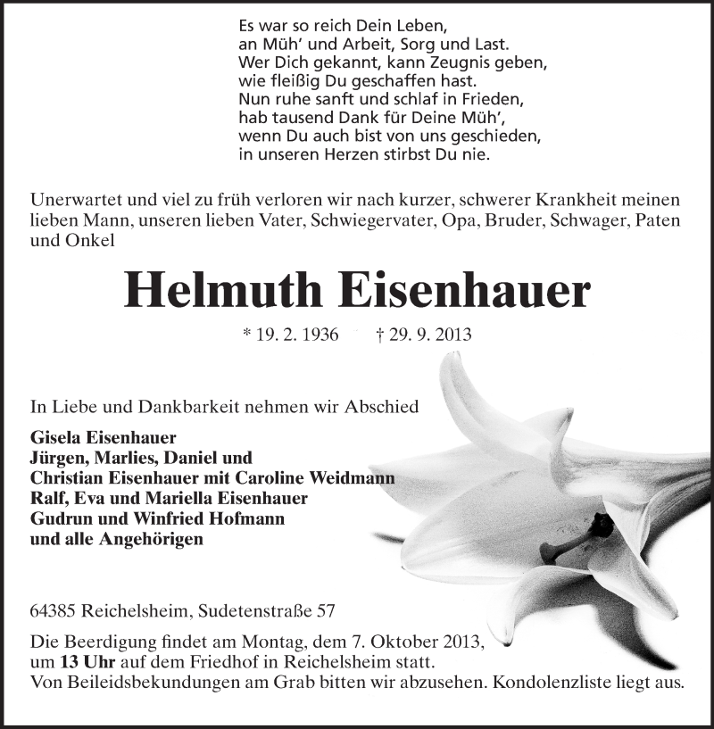  Traueranzeige für Helmuth Eisenhauer vom 05.10.2013 aus Odenwälder Echo