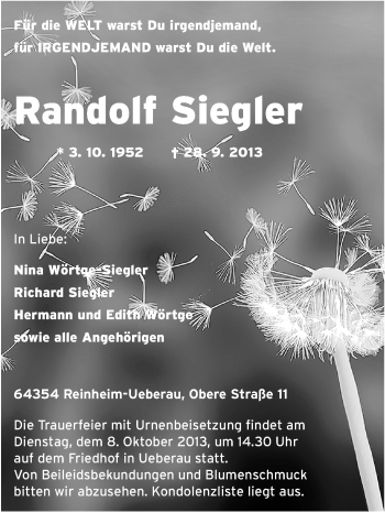 Traueranzeige von Randolf Siegler von Echo-Zeitungen (Gesamtausgabe)