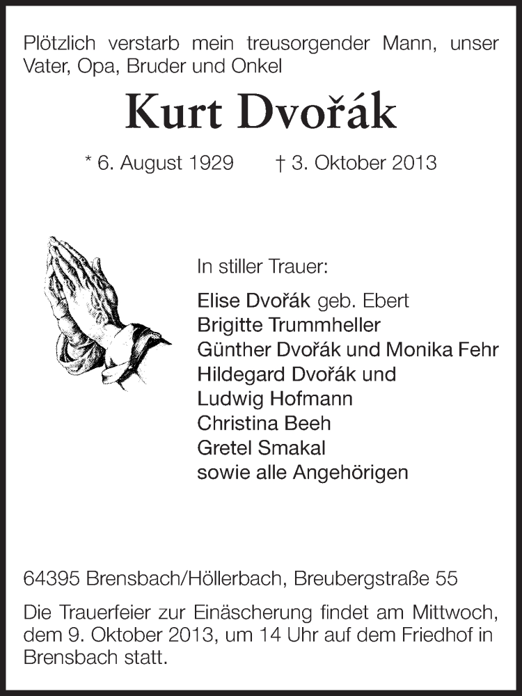  Traueranzeige für Kurt Dvorak vom 05.10.2013 aus Odenwälder Echo
