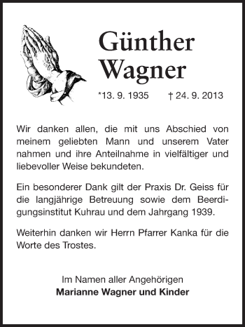 Traueranzeige von Günther Wagner von Starkenburger Echo