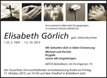 Traueranzeige von Elisabeth Görlich von Rüsselsheimer Echo, Groß-Gerauer-Echo, Ried Echo