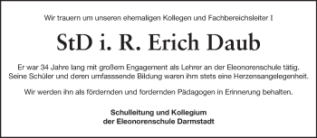 Traueranzeige von Erich Daub von Echo-Zeitungen (Gesamtausgabe)