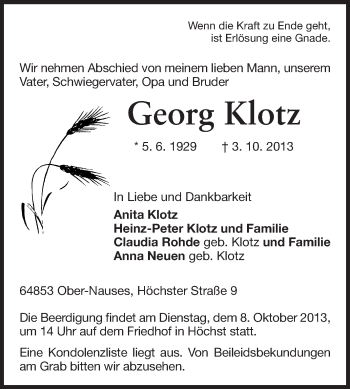Traueranzeige von Georg Klotz von Echo-Zeitungen (Gesamtausgabe)