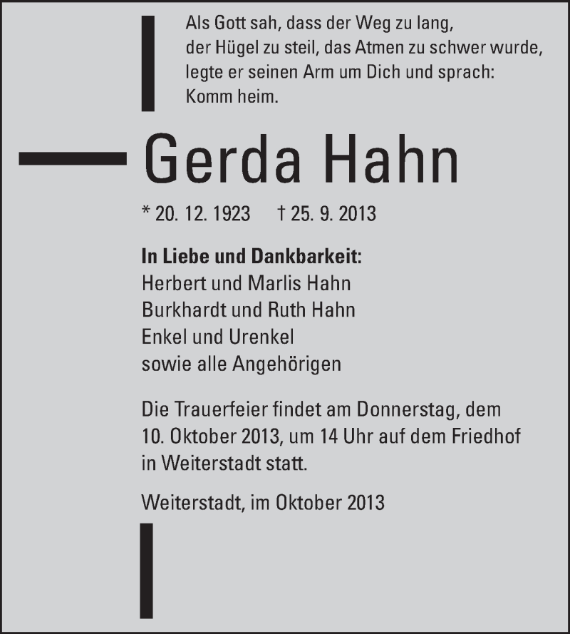  Traueranzeige für Gerda Hahn vom 08.10.2013 aus Darmstädter Echo, Odenwälder Echo, Rüsselsheimer Echo, Groß-Gerauer-Echo, Ried Echo