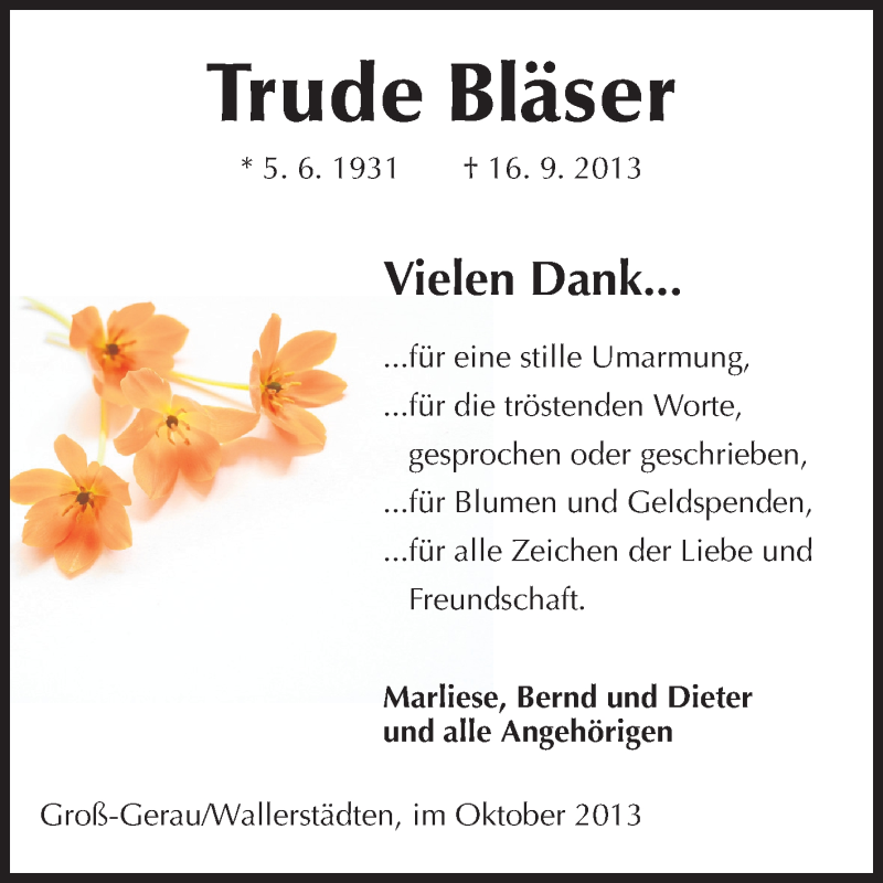  Traueranzeige für Trude Bläser vom 12.10.2013 aus Rüsselsheimer Echo, Groß-Gerauer-Echo, Ried Echo