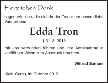 Traueranzeige von Edda Tron von Rüsselsheimer Echo, Groß-Gerauer-Echo, Ried Echo