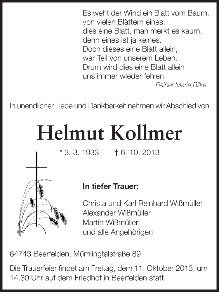  Traueranzeige für Helmut Kollmer vom 09.10.2013 aus Odenwälder Echo