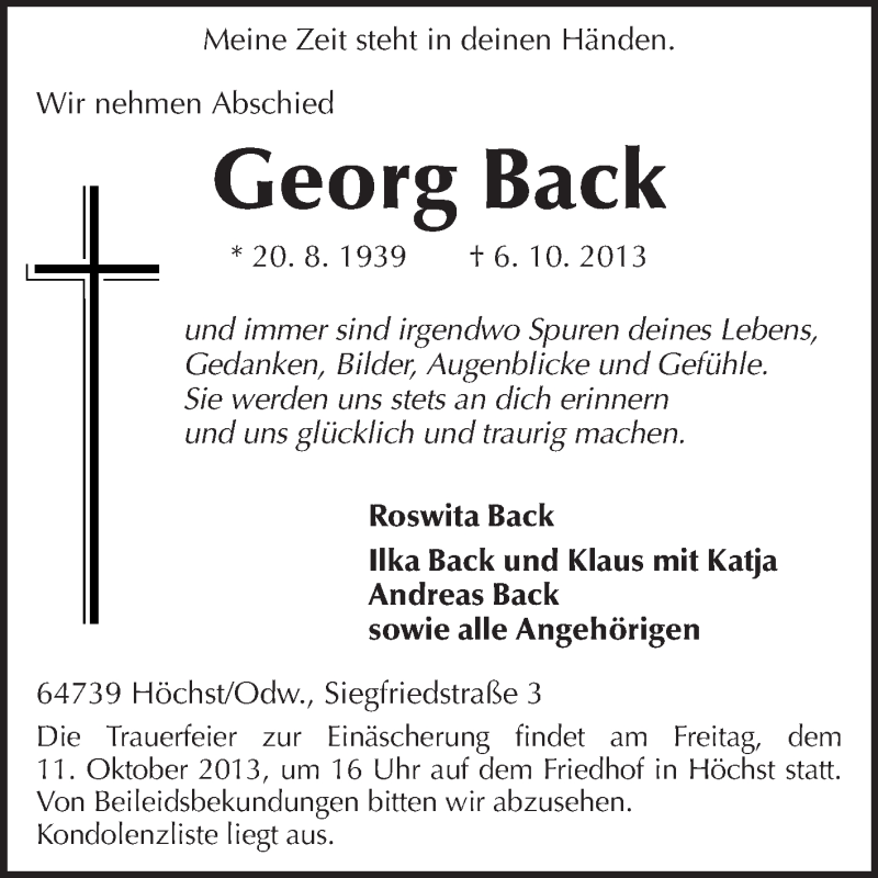  Traueranzeige für Georg Back vom 09.10.2013 aus Odenwälder Echo