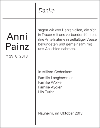 Traueranzeige von Anni Painz von Rüsselsheimer Echo, Groß-Gerauer-Echo, Ried Echo