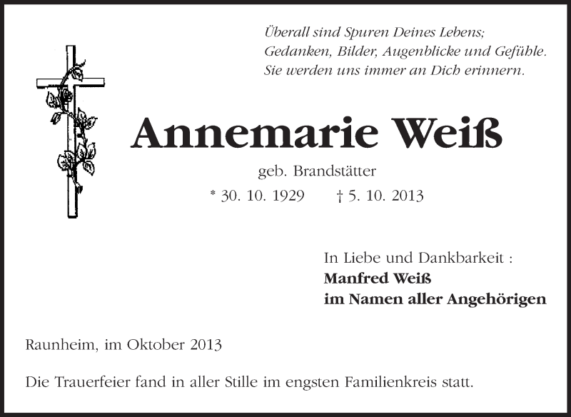  Traueranzeige für Annemarie Weiß vom 12.10.2013 aus Rüsselsheimer Echo, Groß-Gerauer-Echo, Ried Echo