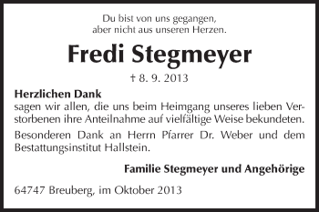 Traueranzeige von Fredi Stegmeyer von Odenwälder Echo