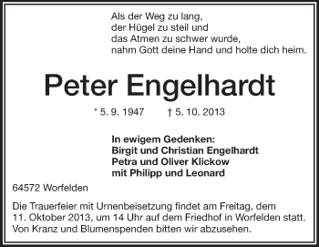 Traueranzeige von Peter Engelhardt von Echo-Zeitungen (Gesamtausgabe)