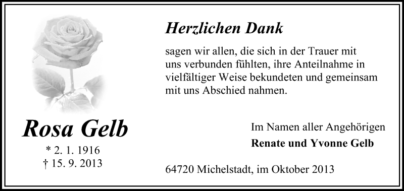  Traueranzeige für Rosa Gelb vom 09.10.2013 aus Odenwälder Echo