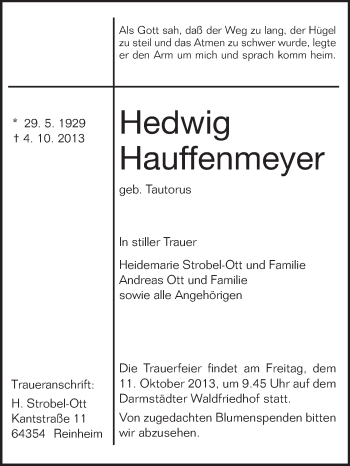 Traueranzeige von Hedwig Hauffenmeyer von Echo-Zeitungen (Gesamtausgabe)