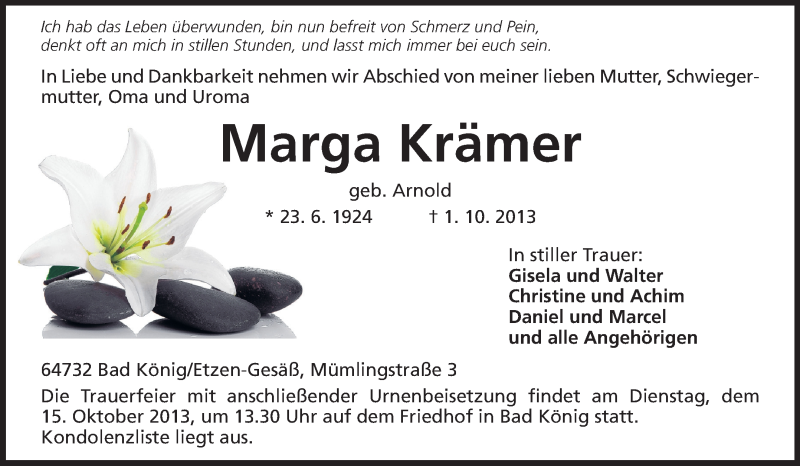  Traueranzeige für Marga Krämer vom 12.10.2013 aus Odenwälder Echo