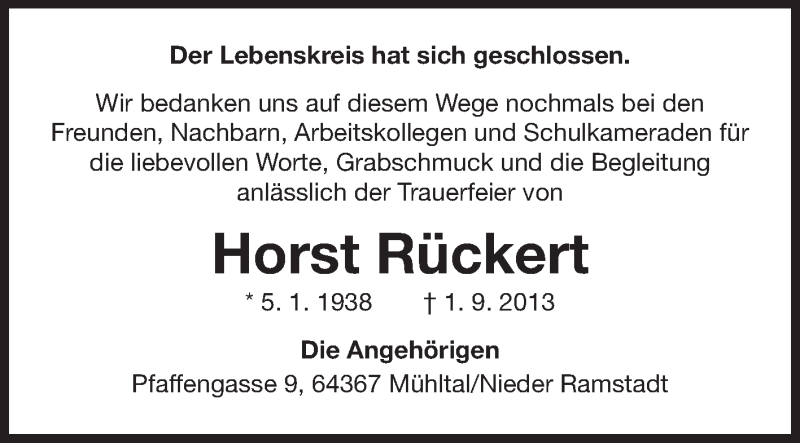  Traueranzeige für Horst Rückert vom 12.10.2013 aus Echo-Zeitungen (Gesamtausgabe)