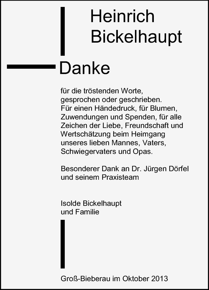  Traueranzeige für Heinrich Bickelhaupt vom 12.10.2013 aus Echo-Zeitungen (Gesamtausgabe)